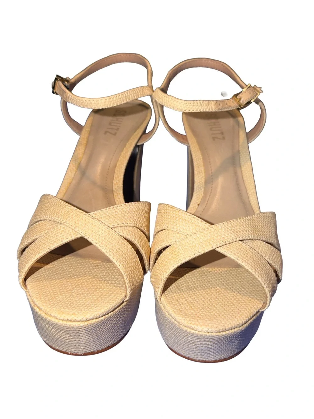SCHUTZ KEEFA Natural Block Heel Platform Sandal with Ankle Strap, Size 8 NWT
